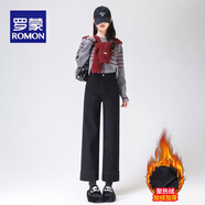 羅蒙（ROMON）加絨超顯瘦煙管牛仔褲女秋冬高腰寬松遮胯小個子法棍直筒褲子彎刀  黑色 加絨 S