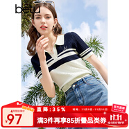 百圖betu女裝夏季新款毛針織衫減齡翻領(lǐng)條紋寬松短袖女2403T06 藍(lán)白條 L