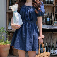 韓國chic夏季甜美氣質(zhì)方領(lǐng)高腰顯瘦泡泡袖小個(gè)子短款牛仔連衣裙女 牛仔藍 S S