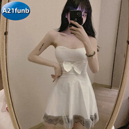 A 21 FUNB抹胸超短裙女法式新款夜場(chǎng)網(wǎng)紗拼接裹胸小禮服蕾絲花邊連衣裙 白色 L