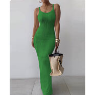 Women Striped UNeck Maxi Skims Dress歐美水波紋理緊身長裙女 綠色偏大，彈力大 S