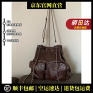 MOSPOKE輕奢品牌真皮包包女包韓國(guó)鉚釘包辣妹大容量機(jī)車(chē)包搖滾甜酷風(fēng)雙肩 雙肩酒紅色 41*15*34cm