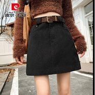 皮爾卡丹（pierre cardin）復古酒紅色燈芯絨短裙女秋季新款氣質(zhì)高腰包臀裙小個(gè)子A字半身裙 黑色 S