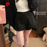 皮爾卡丹（pierre cardin）灰色木耳邊毛呢短褲女秋冬外穿打底褲甜美花邊高腰闊腿褲顯瘦靴褲 黑色 M