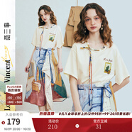 兩三事梵高文藝 弦外智音 2025夏季新款彩繩綁帶領(lǐng)印花短袖t恤女 米杏色 L