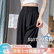 蘿美醬西裝褲女小個(gè)子春秋高腰垂感闊腿褲梨形休閑直筒褲子遮肉職場(chǎng)長(zhǎng)褲 黑色小個(gè)子【夏季冰絲款】 L