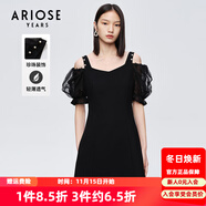 艾諾絲雅詩(shī)【商場(chǎng)同款】夏新珍珠網(wǎng)紗泡泡袖短袖小清新小黑裙連衣裙10429006 黑色 M