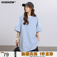 viishow拼接撞色美式重磅三條杠短袖T恤女男春夏季潮牌寬松情侶純棉半袖 藍(lán)色 S
