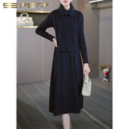 夏典素訂女王（SE.PSTP）配大衣兩件套針織連衣裙女2025年秋冬新款媽媽加厚毛衣套裝裙子 藏藍(lán)色兩件套 XL 建議116-125斤