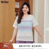 MsShe【繡亮片條紋鏤空針織衫】大碼女裝2025款夏裝胖mm短袖上衣 上衣-冰河藍(lán)色現(xiàn)貨 2XL