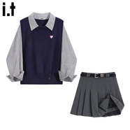 :CHOCOOLATE  it女裝秋冬學(xué)院風(fēng)連衣裙套裝假兩件拼接條紋針織衫百褶裙女短裙 藏青色上衣+灰色裙 M