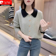 皮爾卡丹大尺碼時(shí)尚拼色娃娃領(lǐng)長(cháng)袖外套針織衫胖MM女裝秋季新款顯瘦開(kāi)衫毛 圖片色 XL