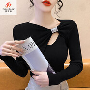 范哲狼（FANZELANG）時(shí)尚蝴蝶結小心鏤空釘珠上衣2025新款修身洋氣長(cháng)袖時(shí)髦打底外穿春 黑色(洋氣時(shí)尚氣質(zhì)) S 建議70-95斤