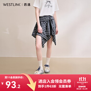 西遇格紋半身裙女2025年夏季新款不規(guī)則下擺綁帶設(shè)計(jì)感高腰短裙 藍(lán)色 S （26）