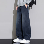 蕭蕭布落2025秋季新款彎刀牛仔褲男士寬松直筒美式高街潮牌水洗休閑長褲子 F645-黑藍 常規(guī) L 【120-140斤】