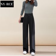 NY-RCE毛呢闊腿褲女秋冬高腰垂感新款褲子休閑加絨加厚寬松拖地長(cháng)褲 黑色常規款(適合165以下) 加厚 M