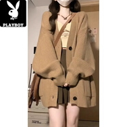 花花公子（PLAYBOY）早秋開(kāi)衫毛衣外套女春秋2025新款秋冬慵懶風(fēng)寬松針織衫感 卡其色外套早秋針織初秋外套小個(gè)子穿搭/毛衣中長(cháng)款女  S