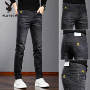 花花公子（PLAYBOY）2025新款男士加絨修身牛仔褲小腳秋冬褲 F-8011.黑灰 30