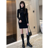 園翌黑色打底緊身連衣裙女秋冬季中長(cháng)款收腰氣質(zhì)內搭螺紋裙子 黑色 XL