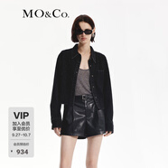 MO&Co.牛仔襯衫外套搖滾燙鉆洗磨棉質(zhì)短款裁邊毛須設計感摩安珂 牛仔黑色 L 170
