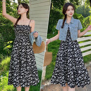 歐洲站短袖牛仔外套中長(cháng)款雪紡碎花吊帶連衣裙套裝女夏潮 牛仔衣+黑碎花裙 M M80-100斤