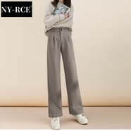 NY-RCE毛呢闊腿褲女秋冬高腰垂感新款褲子休閑加絨加厚寬松拖地長(cháng)褲 淺咖色常規款(適合165以下) 加絨 L