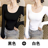 莫代爾純欲風(fēng)白色長(cháng)袖T恤女秋冬修身內搭不規則短款上衣莫代爾U領(lǐng)打底衫 兩件裝(黑色+白色) S (建議80-97斤)