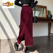 初徑酒紅色金絲絨半身裙女秋冬后開(kāi)叉松緊腰中長(cháng)裙加絨加厚直筒包臀裙 紅色 M