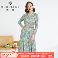 MORELINE沐蘭優(yōu)雅印花連衣裙2023年秋新款女士田園小碎花中長(zhǎng)款百搭 綠花 2XL 44/XXL
