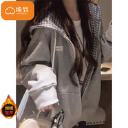 棉致復古拼接格子連帽外套女秋冬季新款休閑上衣慵懶開(kāi)衫衛衣加絨 3080灰色【加絨高品質(zhì)】 L 100-120斤