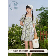 紫涵（ZIHAN）紫涵滿印花方領(lǐng)連衣裙女夏季森系田園風(fēng)寬松高腰短袖短裙 綠底印花 L