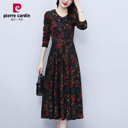 皮爾卡丹（pierre cardin）春秋碎花連衣裙女裝新款媽媽裝氣質(zhì)修身顯瘦長(cháng)袖大擺裙內搭打底裙 紅色 M 建議：85-105斤