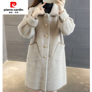 皮爾卡丹（pierre cardin）秋冬季黃金貂針織開衫女裝毛衣中長款厚寬松大衣外套毛呢格子大碼 卡其色 2XL