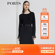 PORTS寶姿商場同款新品女裝喇叭袖撞色印花連衣裙LL8K201KXF002 黑色混色 S