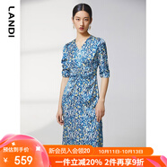 藍(lán)地（LANDI）商場同款夏季新款腰部抽褶碎花印花短袖連衣裙女 淺藍(lán)色 S