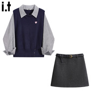 :CHOCOOLATE  it女裝潮牌秋冬連衣裙假兩件條紋針織衫上衣毛呢半身裙女兩件套 藏青色上衣+灰色配皮帶裙 XL