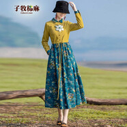 子牧棉麻春裝 女民族風(fēng)翻領(lǐng)百搭連衣裙印花長(cháng)袖顯瘦裙子9665 綠色 XL(建議115-125斤)