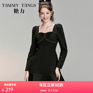 糖力【商場(chǎng)同款】冬季新款黑色魚尾連衣裙女 黑色 XS