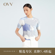 OVV2023春夏新款女裝柔軟親膚絲光棉肌理感手工印花短袖針織衫 藍灰花紋11 XS