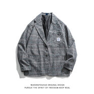 復古格子西服外套男潮牌高街bf寬松休閑痞帥情侶西裝夾克 灰色 M