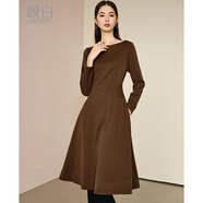 晚白【斷碼清倉】時(shí)尚簡(jiǎn)約休閑毛呢裙百搭一字領(lǐng)高腰顯瘦連衣裙 焦糖色 S