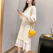 HUALIN FASHION女款中長蕾絲拼接毛衣裙2025秋裝韓版純色麻花針織衫外穿 米白色 均碼