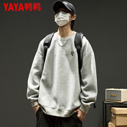 鴨鴨圓領(lǐng)衛(wèi)衣男士春秋新款百搭休閑寬松長袖t恤春季套頭上衣美式潮牌 淺灰色_ 常規(guī) M _(建議90-115斤)