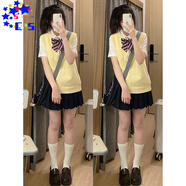 CS.LIONJK制服馬甲背心春夏學院風純色v領無袖內搭黃色套頭毛衣針織衫女 小雞黃  M 95-105斤