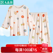 AB內衣兒童女孩睡衣套裝夏季薄款印花七分袖套裝可愛(ài)花朵居家空調服 粉底太陽(yáng)花 130