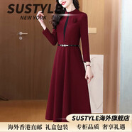 SUSTYLE高端喜婆婆婚宴裝長(cháng)袖紅色連衣裙秋季新款修身氣質(zhì)大碼裙子 酒紅色 XL (120-130斤)
