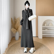 花花公子（PLAYBOY）秋冬長(zhǎng)款毛衣連衣裙韓版寬松慵懶風(fēng)針織長(zhǎng)裙子過(guò)膝加厚內(nèi)搭打底裙 灰綠色(加長(zhǎng)厚款：配大圍巾) S 建議80-95體重