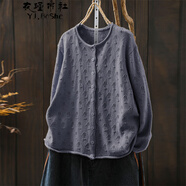 YJ.BoShe針織開(kāi)衫外套女秋季清新減齡鉤花毛衣外套女寬松卷邊文藝針織衫 灰藍色 均碼