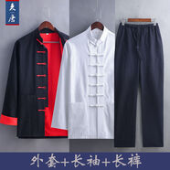 唐裝男中國風男裝國潮套裝中老年民國中山裝漢服中式茶服長衫馬褂 棉麻黑撞色厚款三件套 M