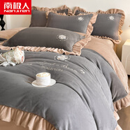 南極人秋冬保暖牛奶絨四件套雙人家用冬季加絨床單花邊被套床上用品套件 繁花-高級灰 1.8m床 床單款 四件套【被套200x230cm】